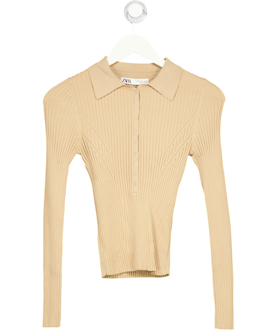 ZARA Beige Long Sleeve Ribbed Polo Knit UK S