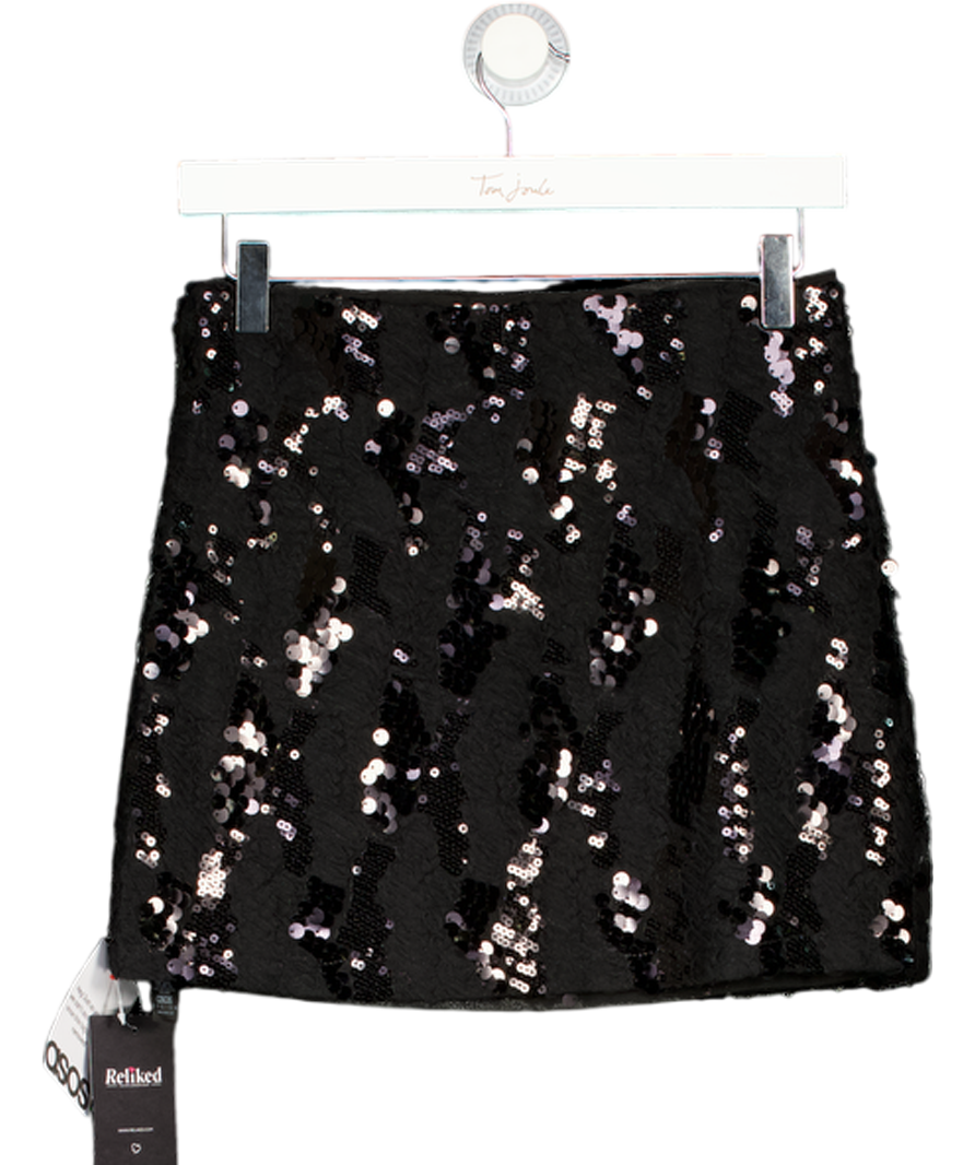 ASOS Design Black Ruffled Semi Sheer Sequin Mesh Mini Skirt UK 12