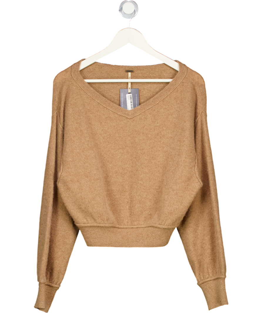 FREE PEOPLE Beige Camel 100% Cashmere V-neck Jumper UK XS