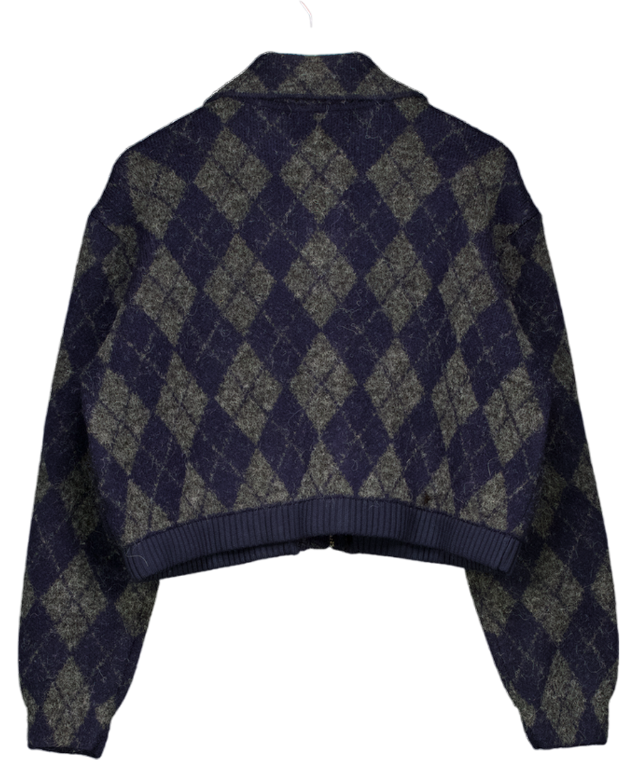 ZARA Navy / Grey Argyle Knit Bomber Jacket UK M