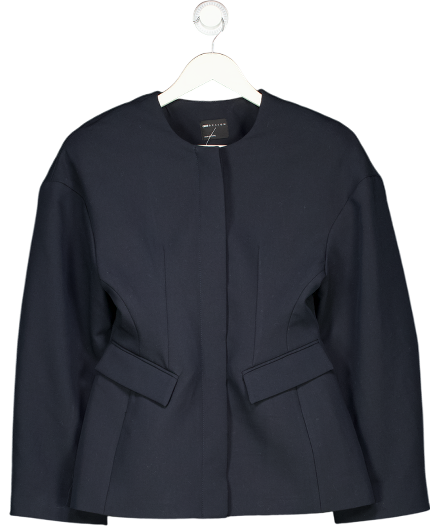 ASOS Blue Collarless Cinch Waist Blazer In Navy UK 8