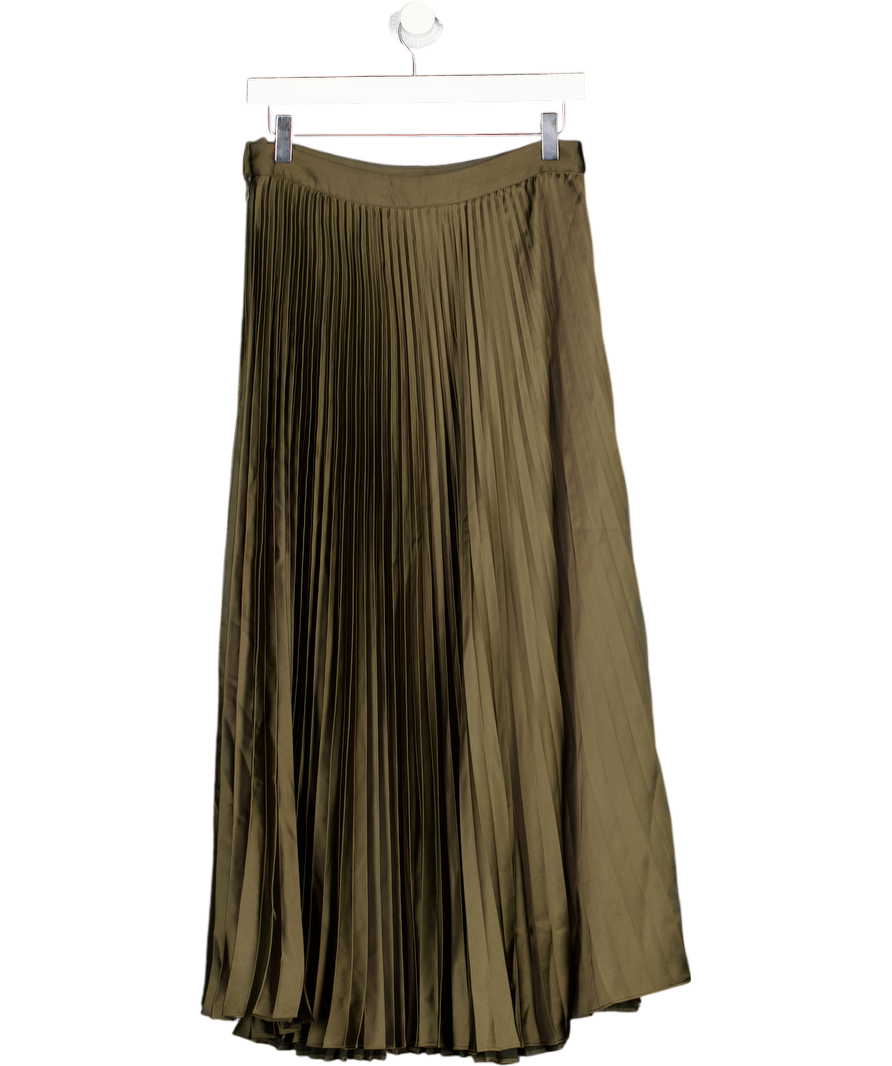 ZARA Green Khaki Satin Pleated Maxi Skirt UK S