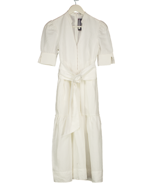 REBECCA VALLANCE White Belted Linen-blend Midi Dress UK 4
