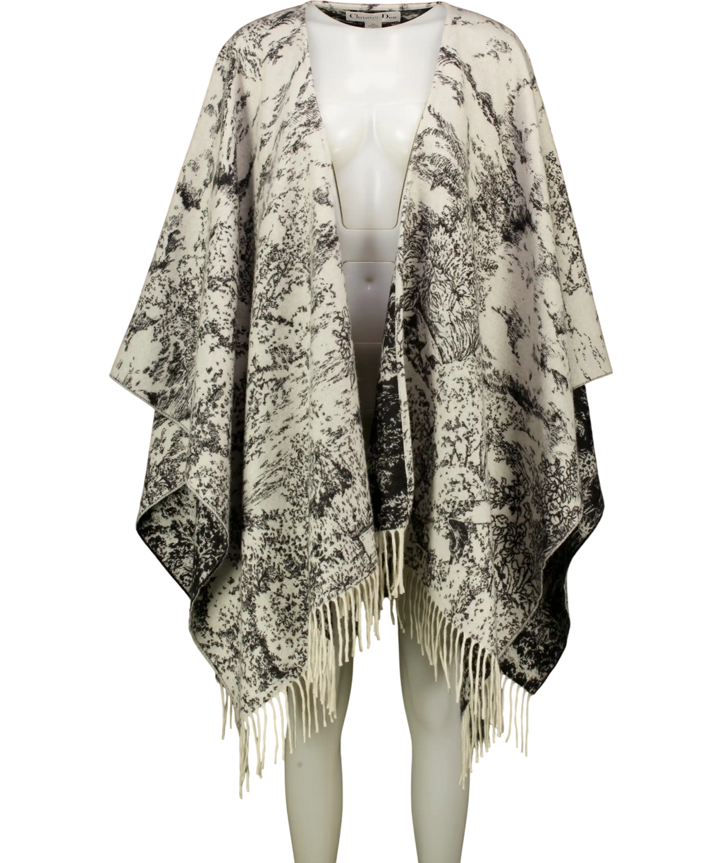 CHRISTIAN DIOR Black  / White 100% Cashmere Toile De Jouy Sauvage Logo Poncho / Cape One Size