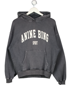 ANINE BING Mid Grey OVERSIZE SPORT Logo Sweatshirt Hoodie UK XXS
