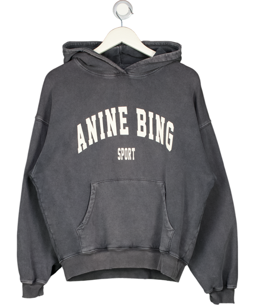ANINE BING Mid Grey OVERSIZE SPORT Logo Sweatshirt Hoodie UK XXS