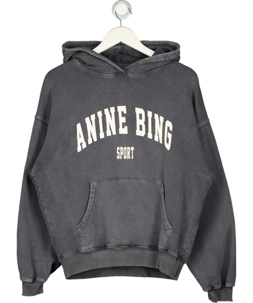 ANINE BING Mid Grey OVERSIZE SPORT Logo Sweatshirt Hoodie UK XXS