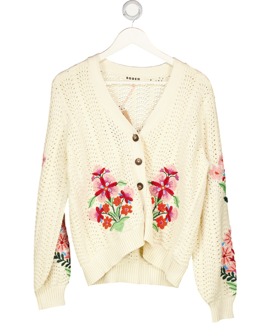 BODEN Cream Relaxed Cotton Cardigan, Cream/multi UK M