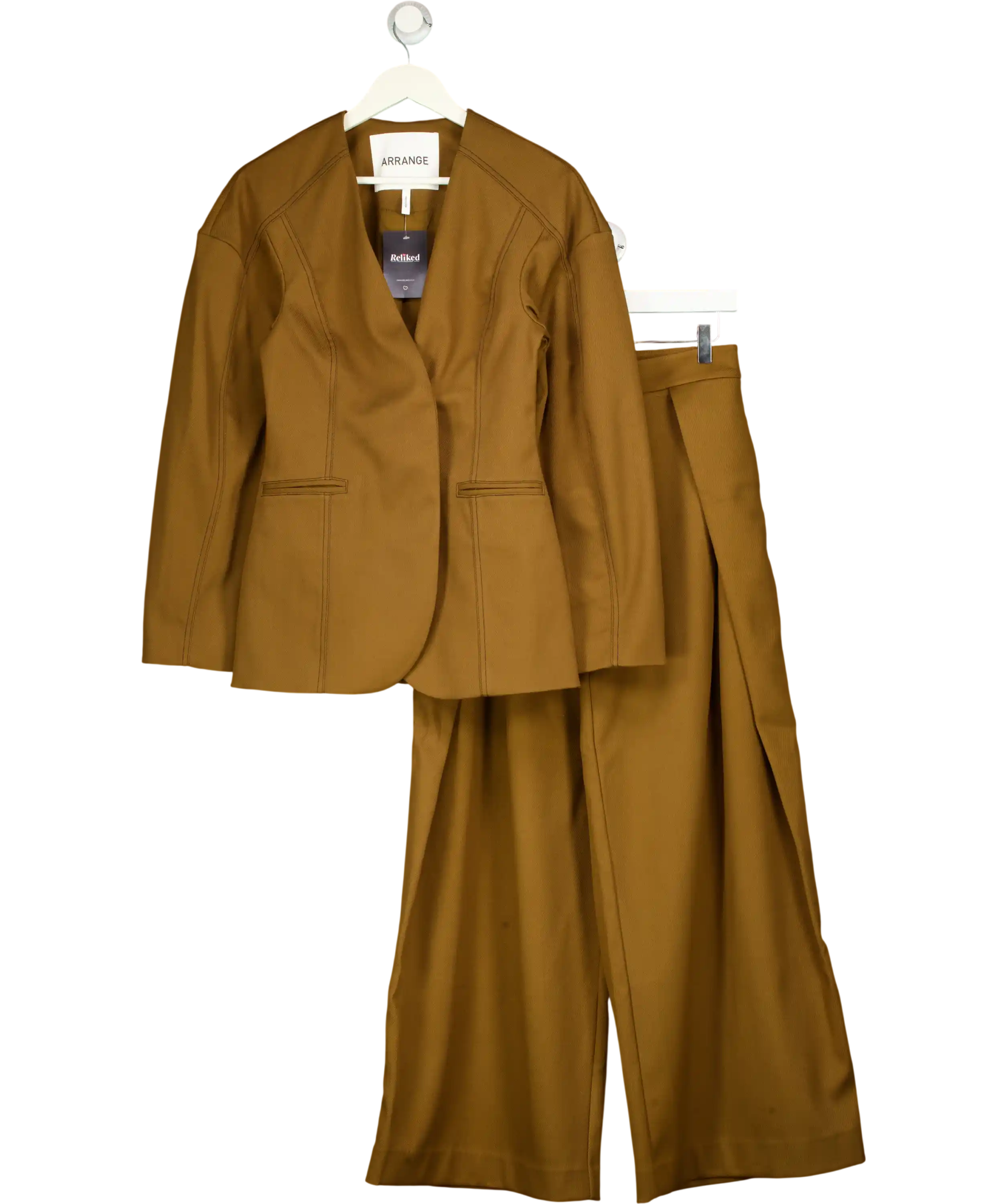 ARRANGE 2-piece Brown Twill Sculpted Blazer & Wide Leg Trouser Set UK 8