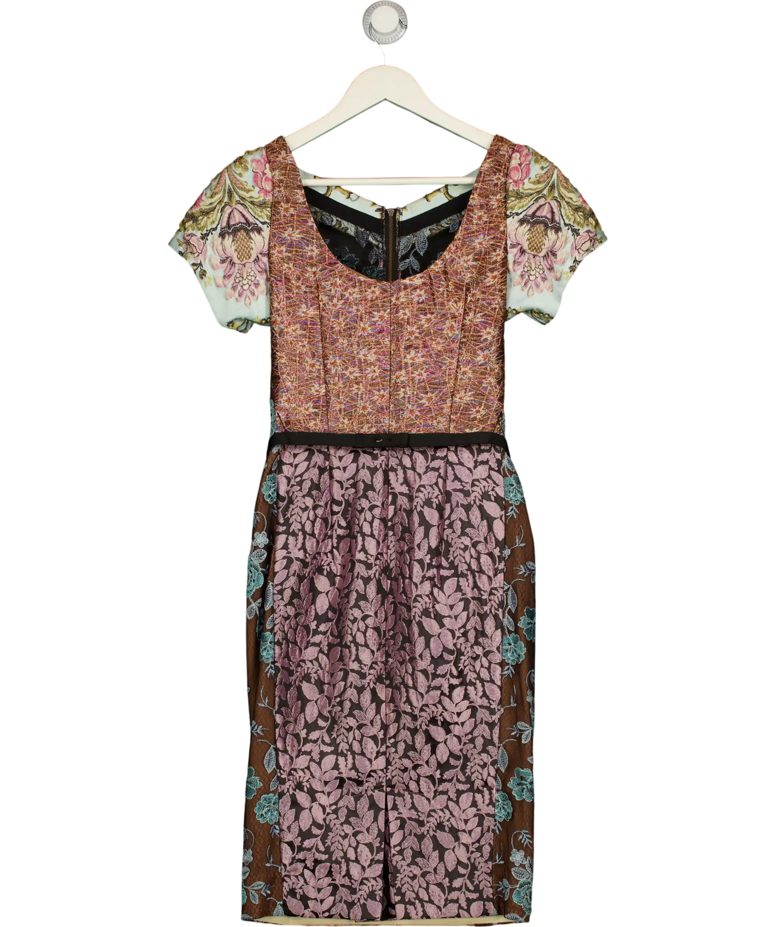 BEGUILE BY BYRON LARS Multicoloured Pieced Brocade Sheath Dress Size Us 8 UK 12
