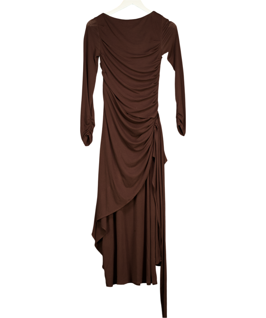 Fabrique Brown Viet Runched Pleated Long Sleeve Maxi Dress In Tencel Merino Knit UK XS
