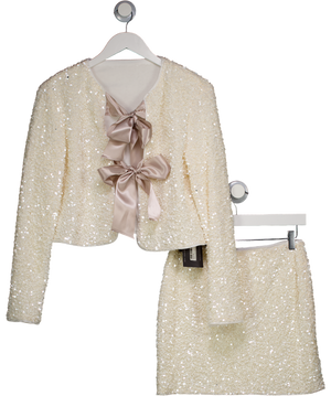 COMMENSE 2-piece Cream Bow Detail Sequined Jacket And Skirt Set UK S