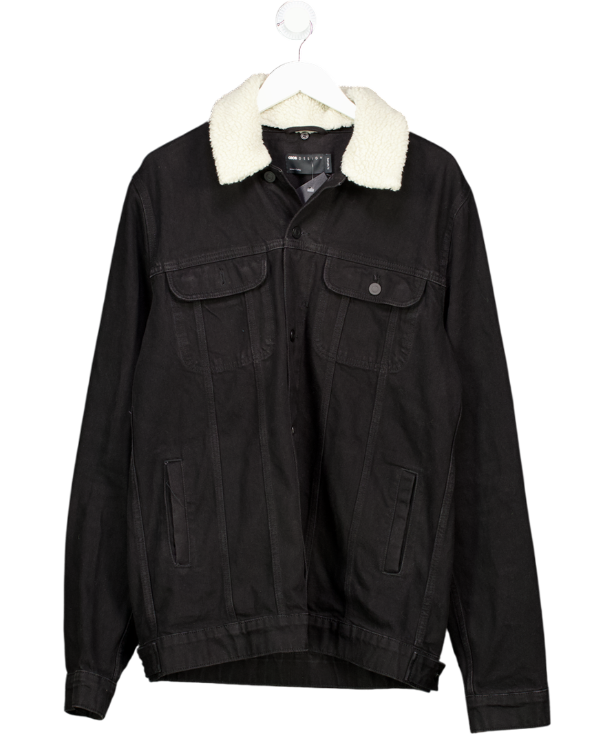 ASOS Black Denim Jacket With Detachable Borg Collar UK XL