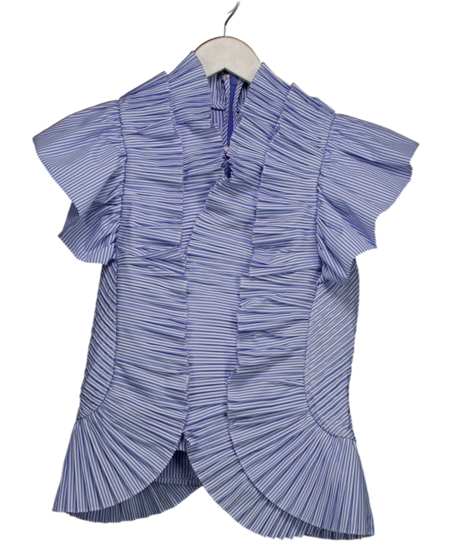 Karen Millen Blue Stripe Pleated Ruffle Sleeve Woven Top UK 8