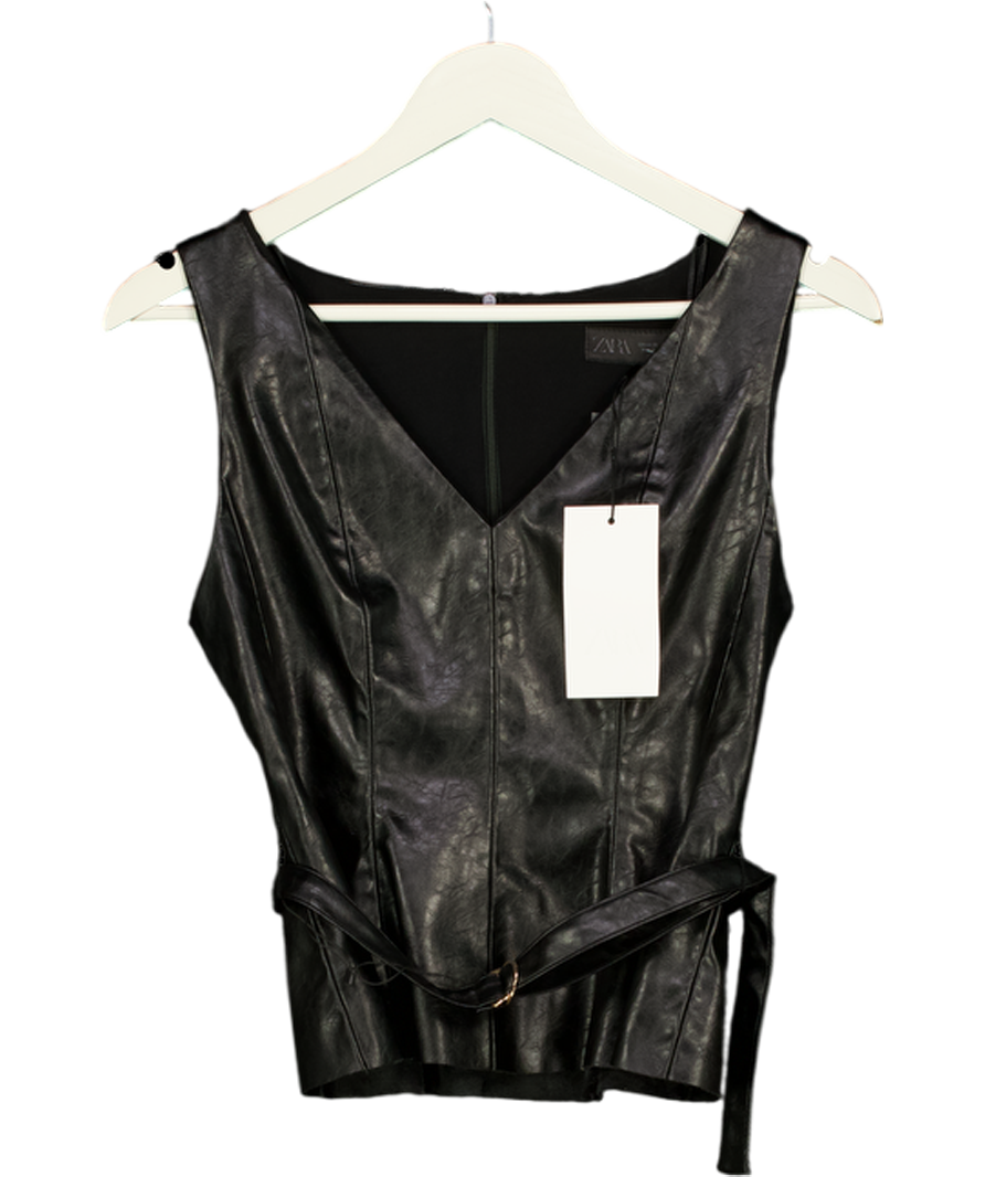 ZARA Black Faux Leather Belted Top UK XS