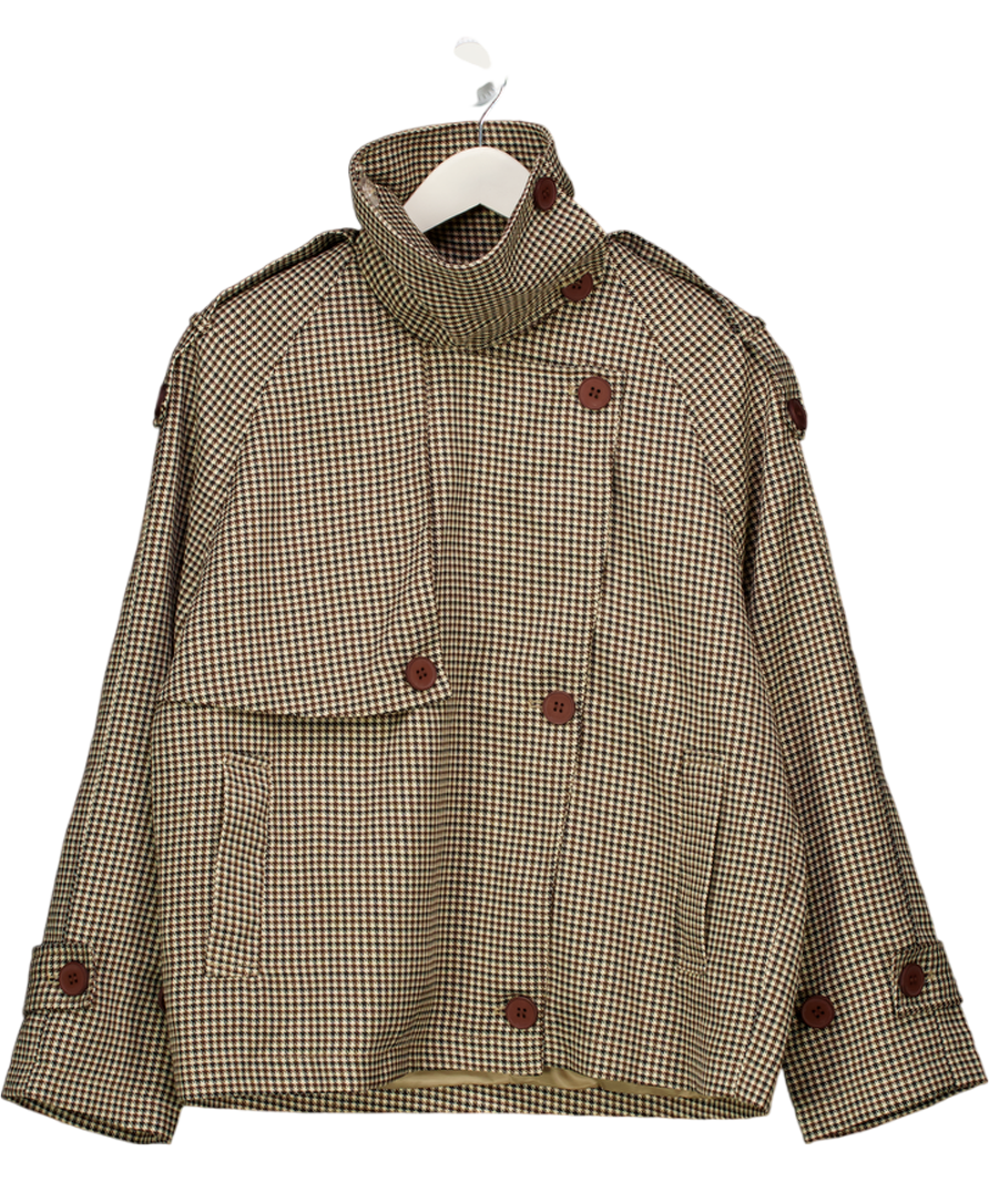 COMMENSE Brown Houndstooth Check Funnel Neck Bonber Jacket UK S
