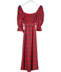 & SELENE Red Tartan Shirred Midi Dress UK S