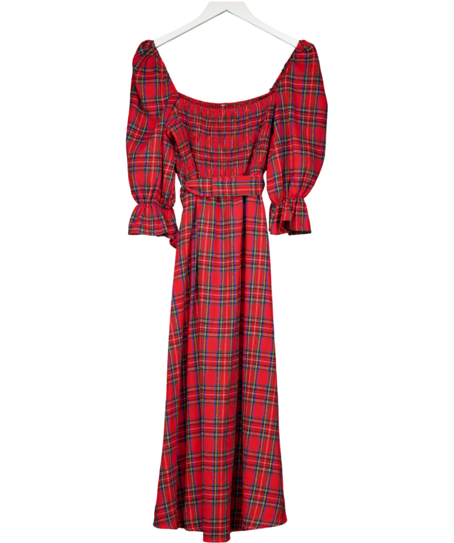 & SELENE Red Tartan Shirred Midi Dress UK S