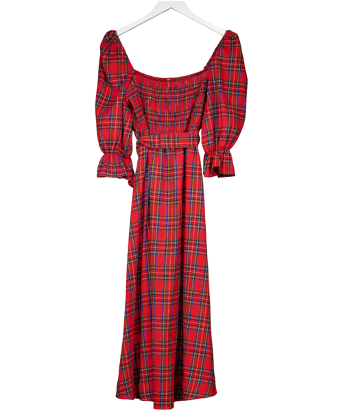 & SELENE Red Tartan Shirred Midi Dress UK S