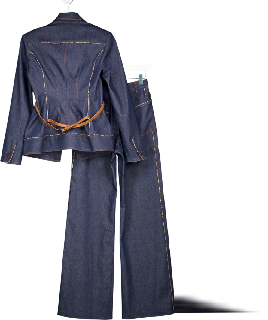 Karen Millen Blue Tailored Denim Belted Single Breasted Blazer & Flared Jeans Set UK 6