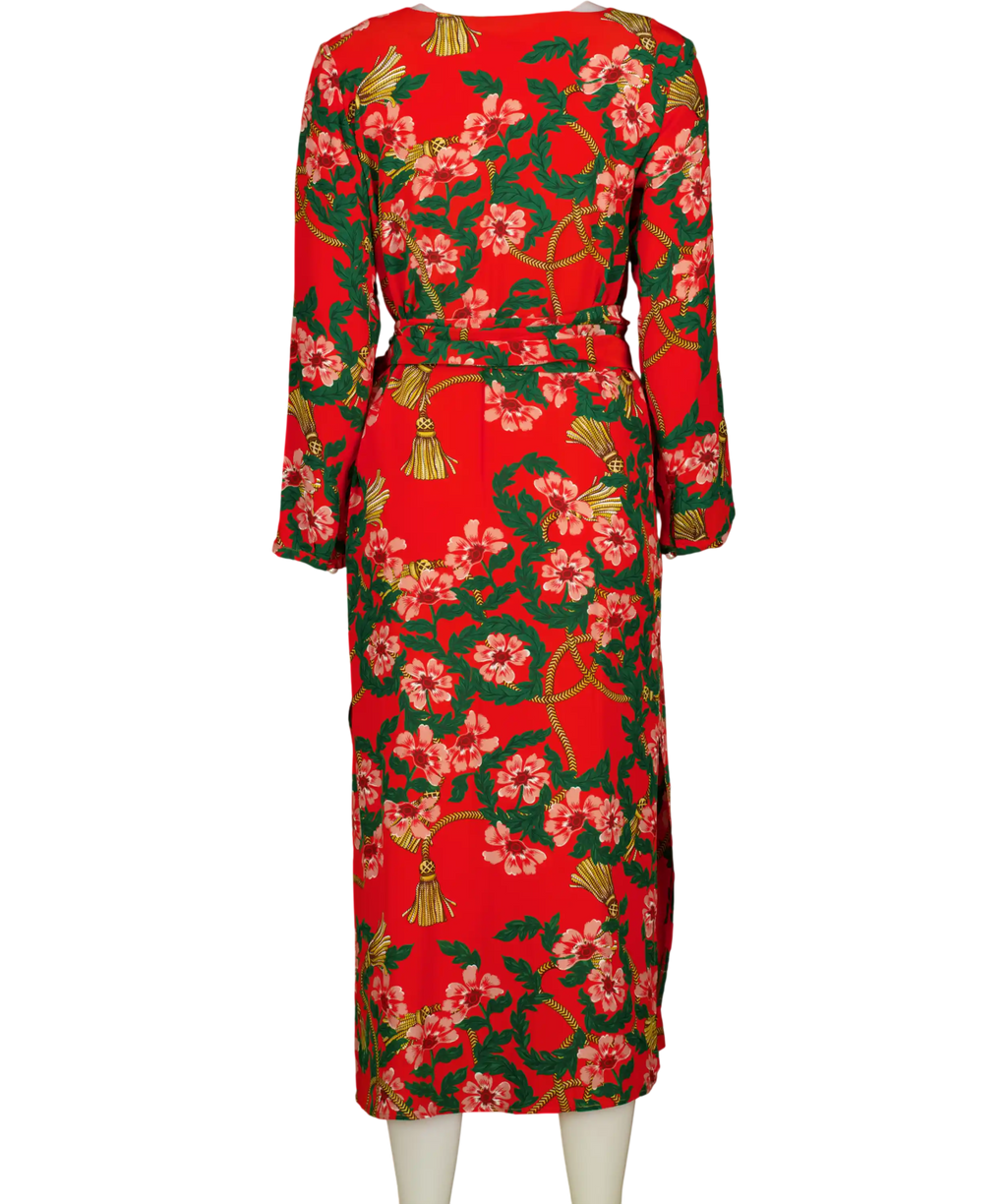 Hayley Menzies Red Eden Floral Silk Belted Dress UK S