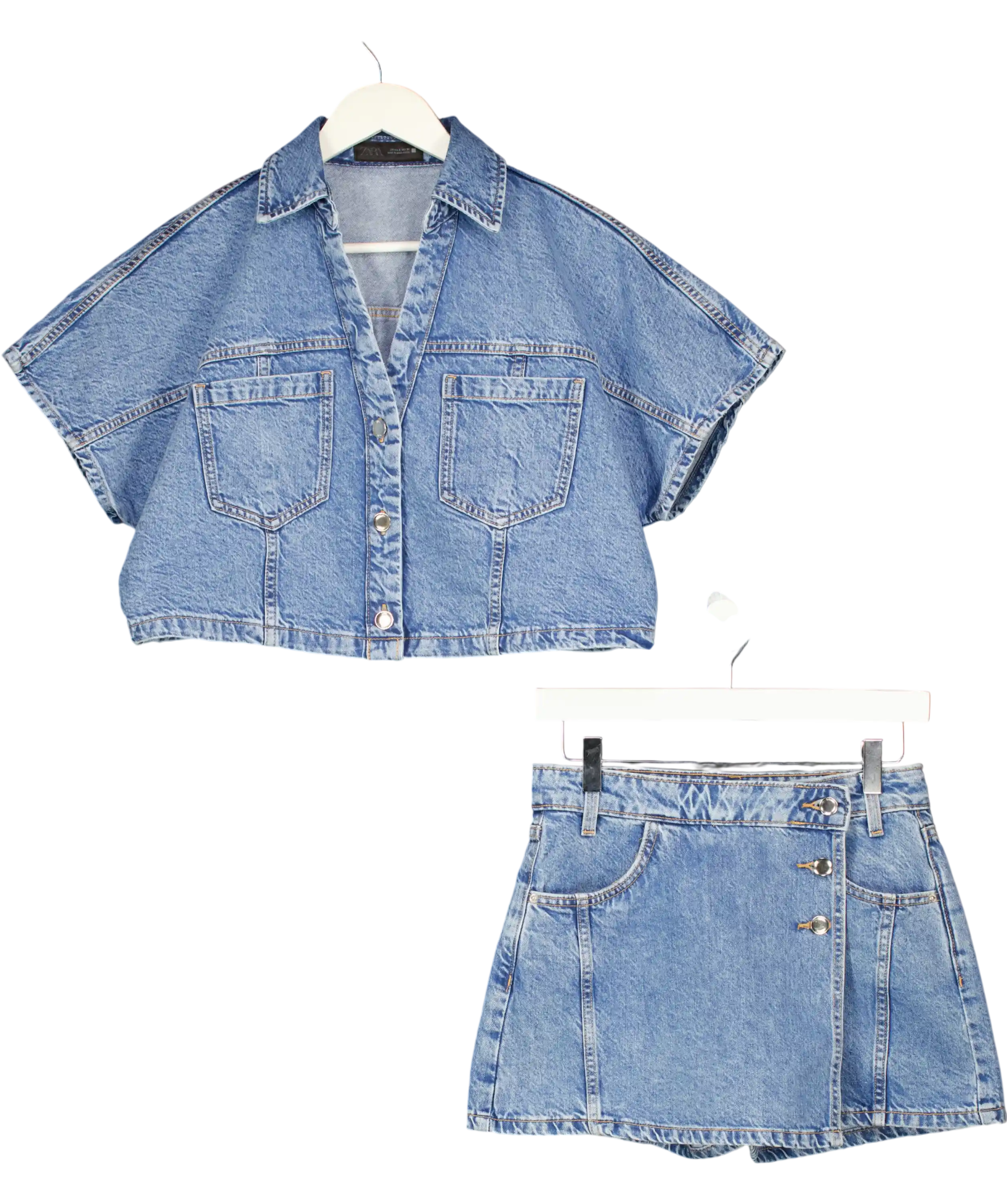 ZARA Blue 2-piece Short Denim Shirt (uk S) & Wrap Denim Skort (uk Xs) Set UK XS/S