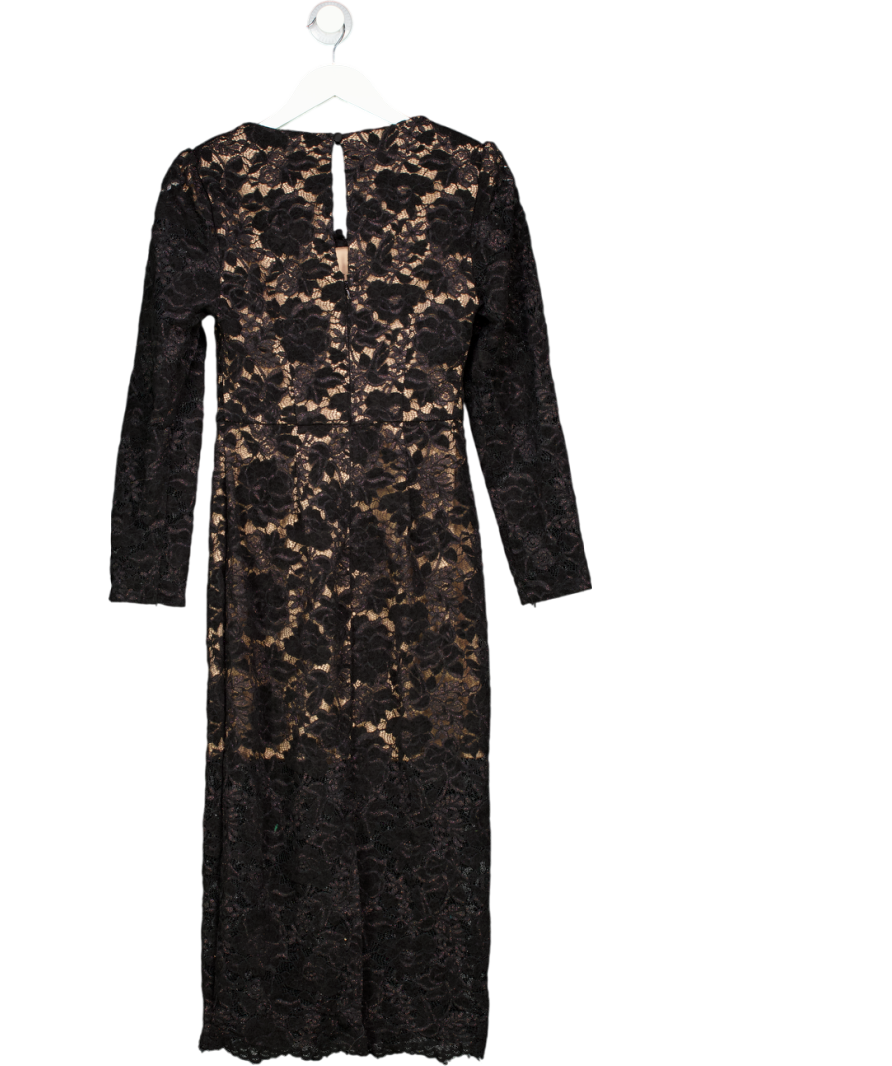 lipsy london Black Premium 3d Floral Print Lace Long Sleeve Bodycon Midi Dress UK 6