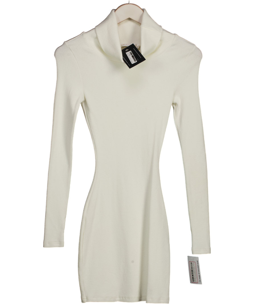 Johansen White Long Sleeve Roll Neck Ribbed Mini Dress UK XXS