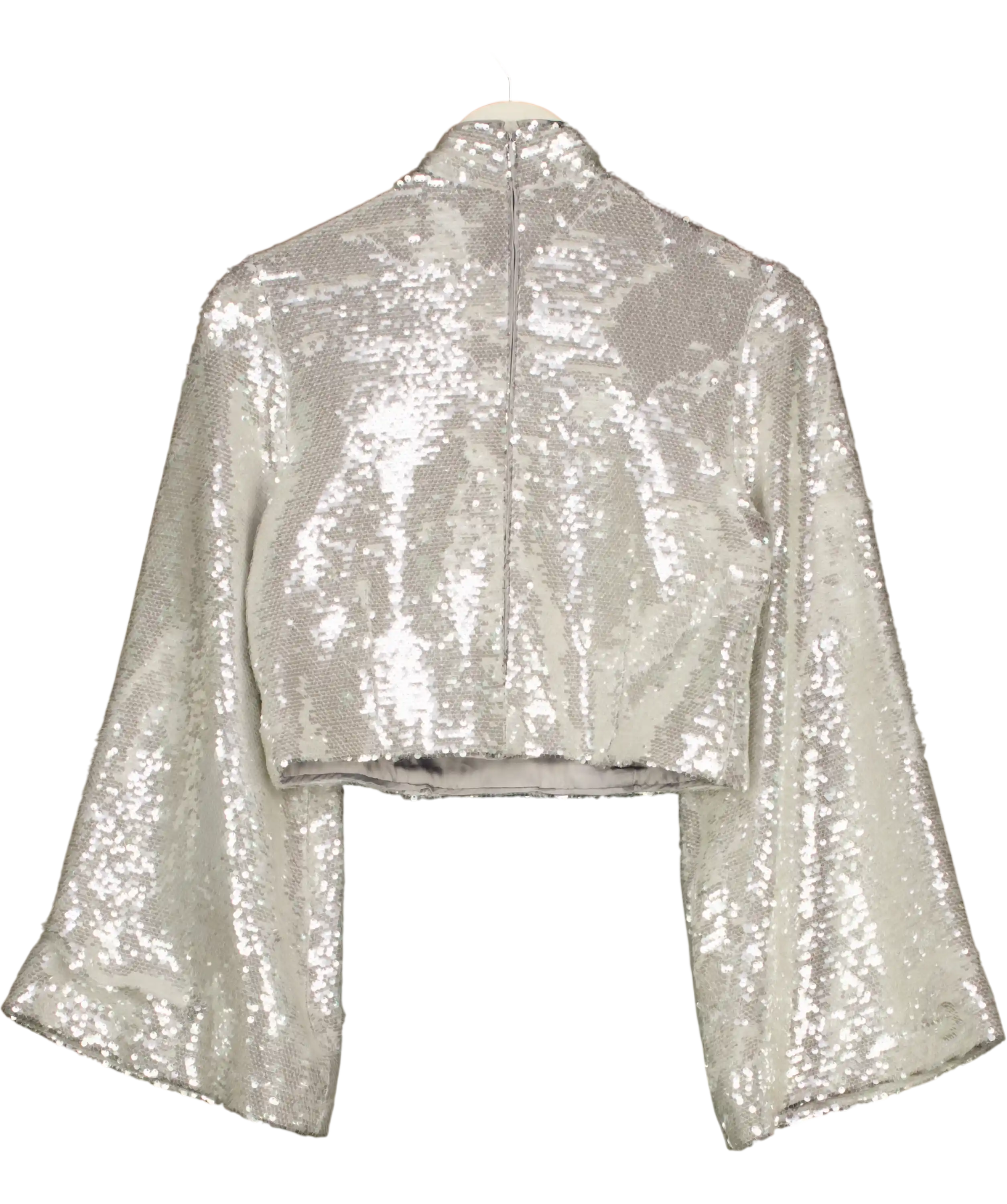 BY MALINA Metallic Aella Wide Sleeve Sequin Top Silver UK XS