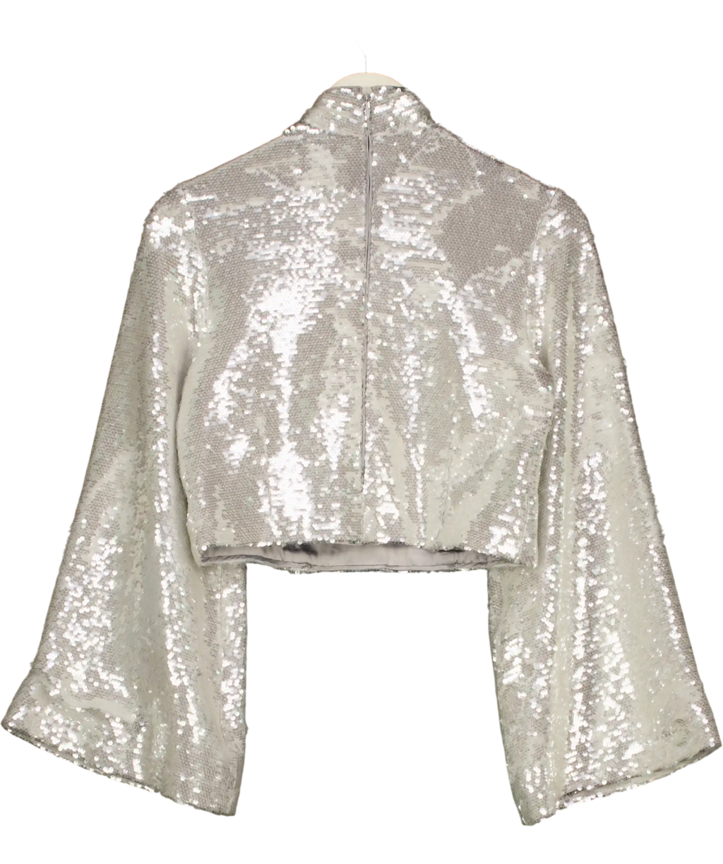 BY MALINA Metallic Aella Wide Sleeve Sequin Top Silver UK XS