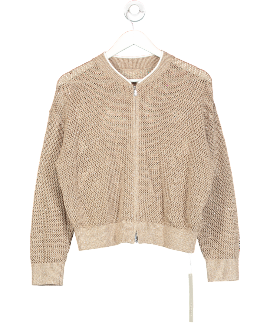 GOELIA Beige Linen Openwork Sequins Zip-up Women Jacket UK M