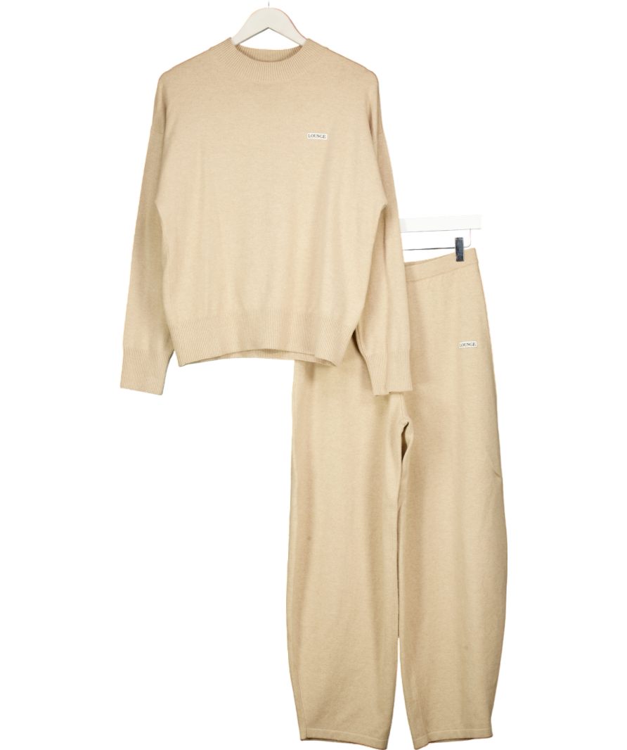 Lounge Underwear Beige 2-piece Cuffed Crew Neck Knitted Jumper And Barrel Leg Knitted Jogger Set UK XS