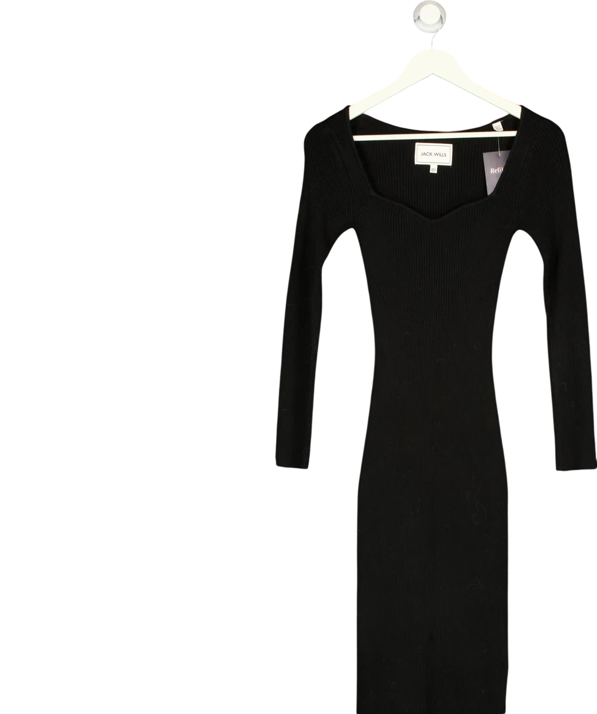 JACK WILLS Black Rib Knit Long Sleeve Sweetheart Midi Dress UK 8