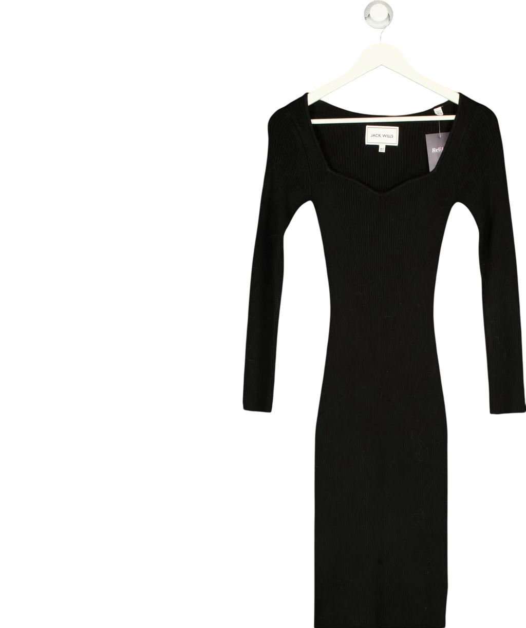 JACK WILLS Black Rib Knit Long Sleeve Sweetheart Midi Dress UK 8