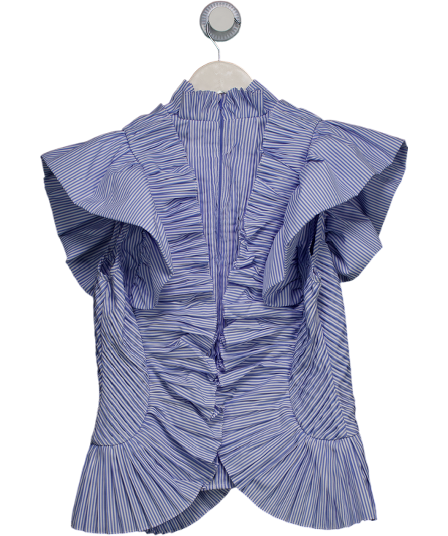 Karen Millen Blue Stripe Pleated Ruffle Sleeve Woven Top UK 10