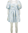 SELF PORTRAIT  Blue Floral Watercolour Puff Sleeve Square Neck Taffeta Mini Dress UK 10