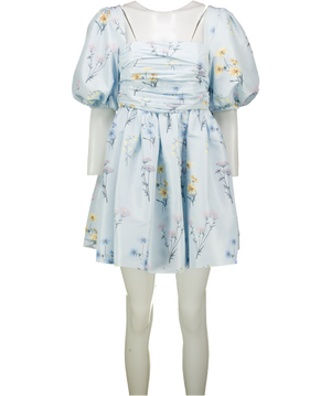 SELF PORTRAIT  Blue Floral Watercolour Puff Sleeve Square Neck Taffeta Mini Dress UK 10