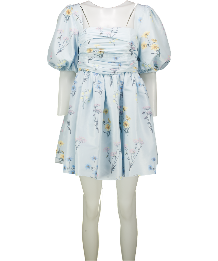 SELF PORTRAIT  Blue Floral Watercolour Puff Sleeve Square Neck Taffeta Mini Dress UK 10