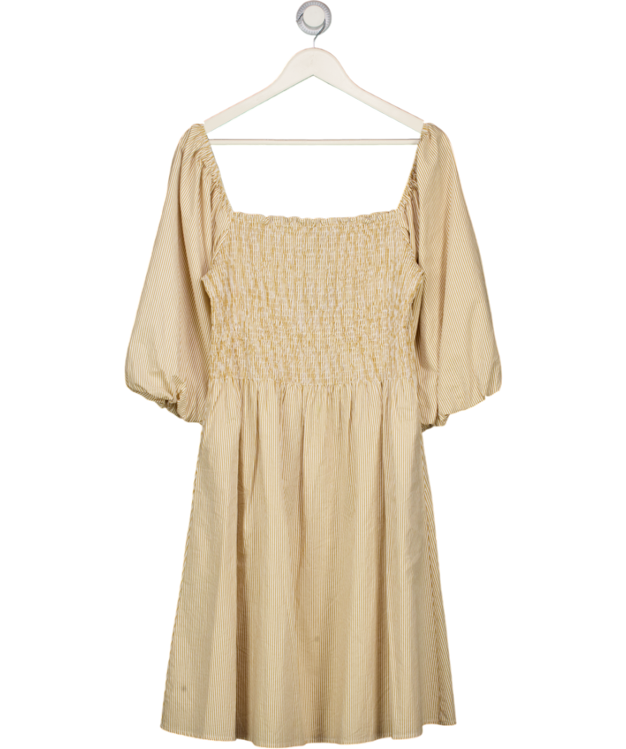 RESUME Beige Striped Puff Sleeve Shirred Bodice Mini Dress UK 10