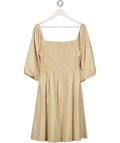 RESUME Beige Striped Puff Sleeve Shirred Bodice Mini Dress UK 10