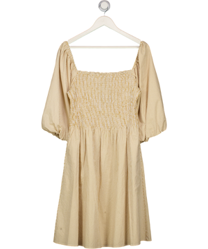 RESUME Beige Striped Puff Sleeve Shirred Bodice Mini Dress UK 10