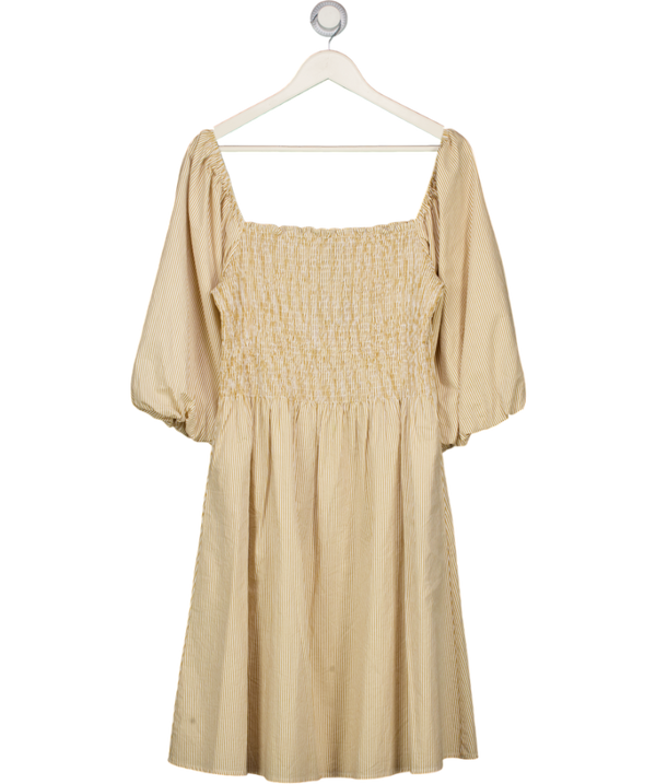 RESUME Beige Striped Puff Sleeve Shirred Bodice Mini Dress UK 10