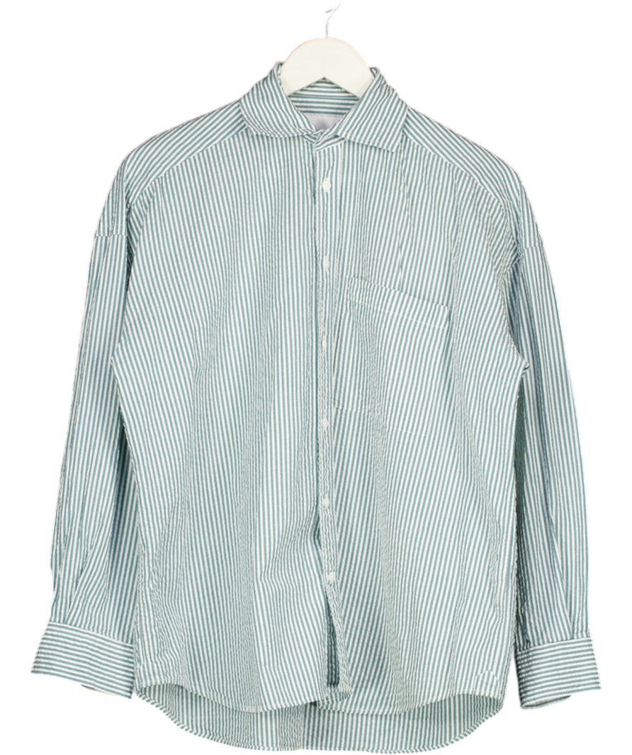 WNU WITH NOTHING UNDERNEATH Green Seersucker  Striped Boyfriend Shirt UK M