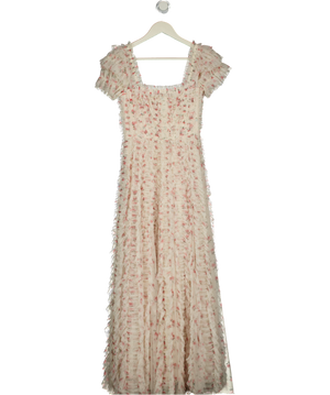 needle thread Cream Floral Print Tull Ankle Gown Dress UK 6