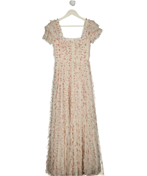 needle thread Cream Floral Print Tull Ankle Gown Dress UK 6