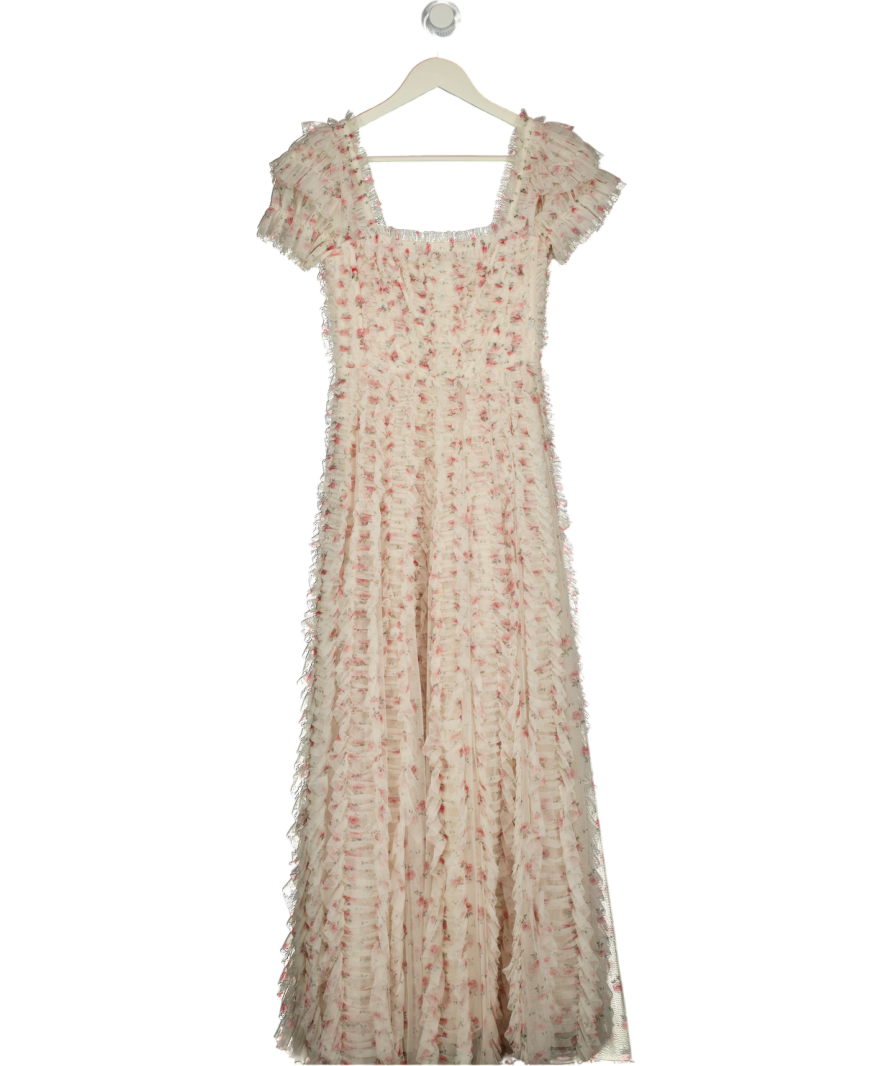 needle thread Cream Floral Print Tull Ankle Gown Dress UK 6