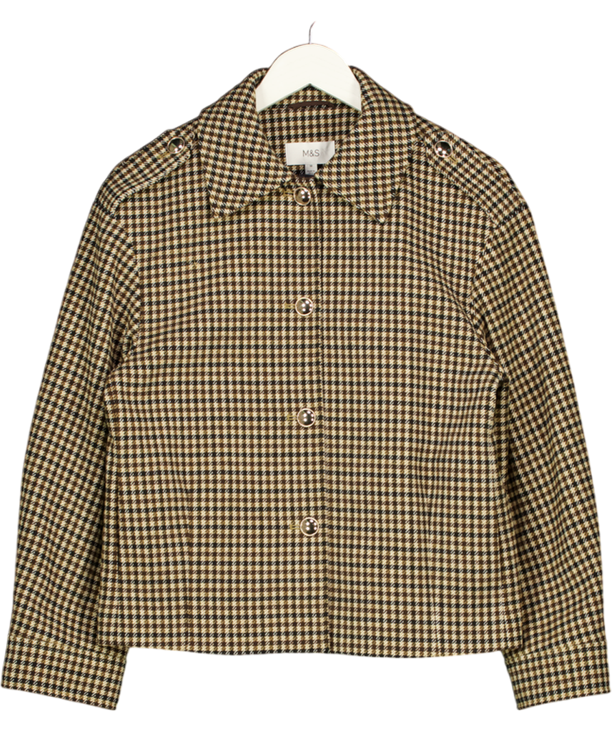 M&S Brown Checked Collared Short Jacket UK 10