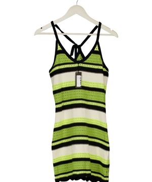 WAREHOUSE Black / Green Crochet Stripe Halter Mini Dress UK 6