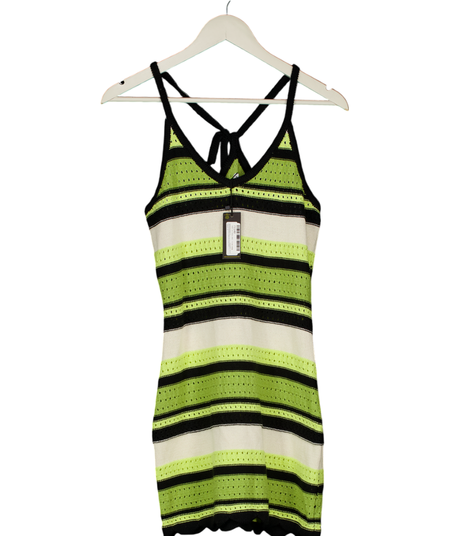 WAREHOUSE Black / Green Crochet Stripe Halter Mini Dress UK 6