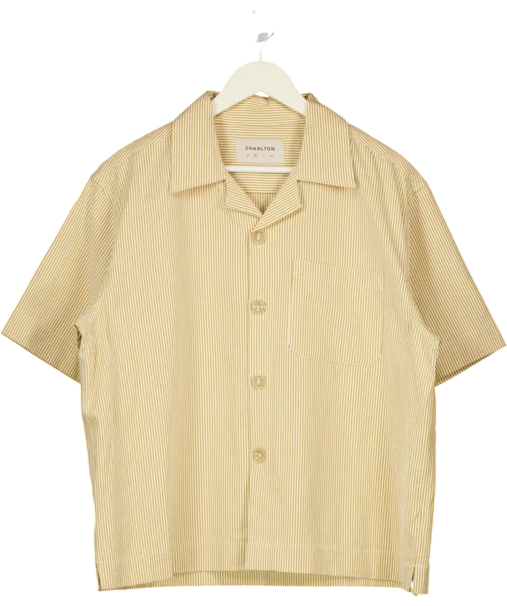 CHARLTON 'camp Collar' Shirt In Butter Yellow Stripe Cotton Seersucker UK M